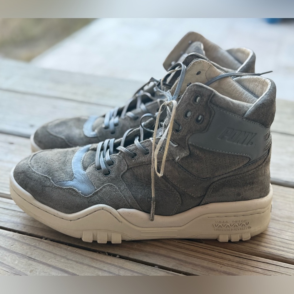 Pony Men's Size 9 Gray High Top Leather Lace Up Basketball Sneakers Shoes M-110